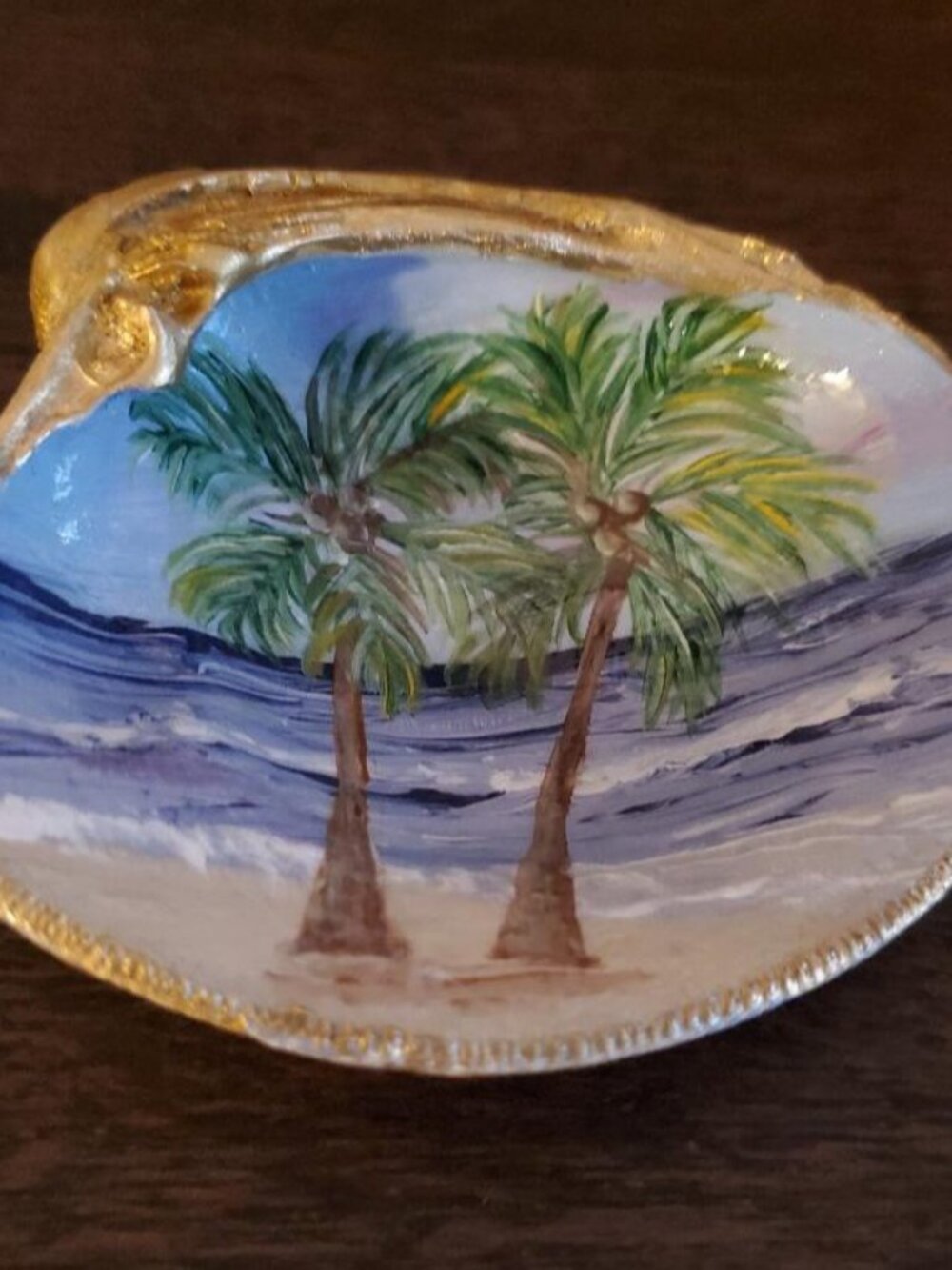 Shell Hand Painted Beach, Palm Trees and Ocean with Gold Leaf Trim